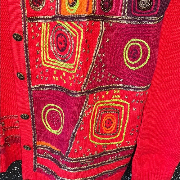Coldwater Creek Colorful Embroidered Geometric Pattern Red Cardigan - Picture 3 of 6